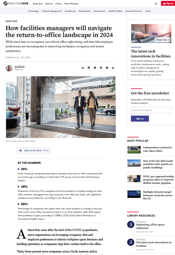Facilities Dive: How Facilities Managers Will Navigate the Return-to-Office Landscape in 2024  